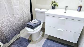 Hair dryer, towels, soap, shampoo