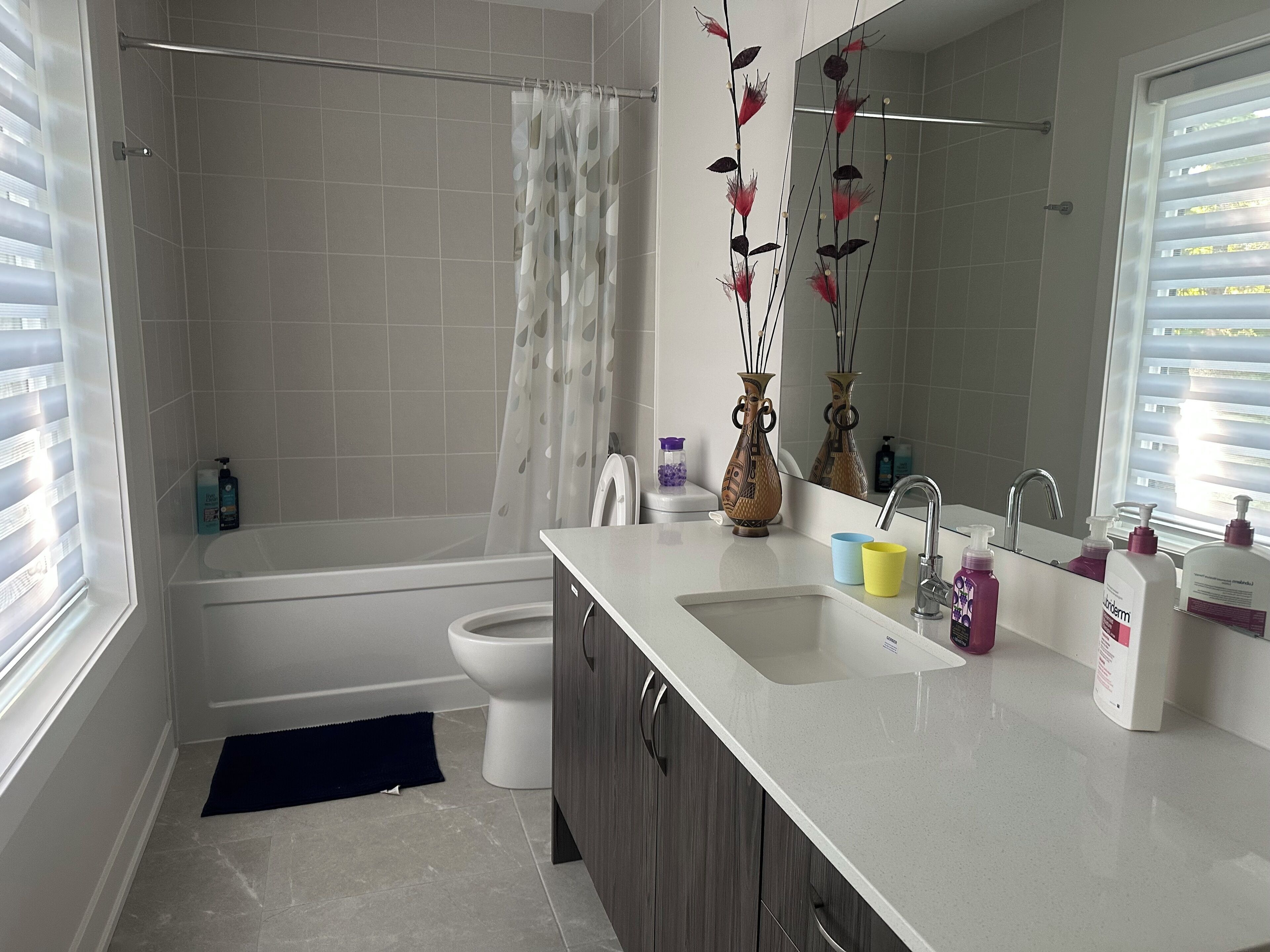 A modern bathroom with a bathtub, toilet, and sink. There are decorative plants and toiletries on the counter.