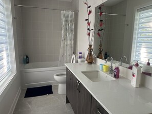 Dusche, Haartrockner, Handtücher, Seife