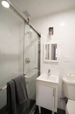 Hair dryer, towels, soap, shampoo