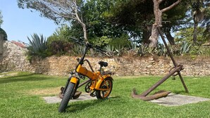 A yellow electric bicycle parked on a stone pathway in a well-maintained garden with a stone wall and various plants in the background.