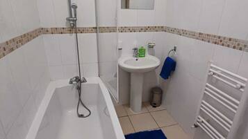 Hair dryer, towels, soap, toilet paper