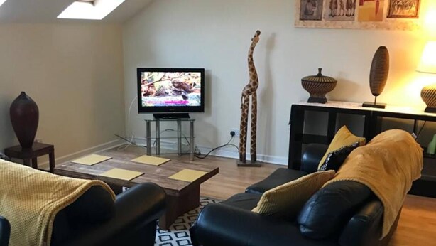 A living room with a TV, two sofas, a coffee table, and a giraffe statue.