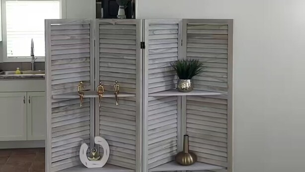 Ein Zimmer mit einer Raumtrennung, die Regale, einen Haken und eine kleine Pflanze zeigt.
