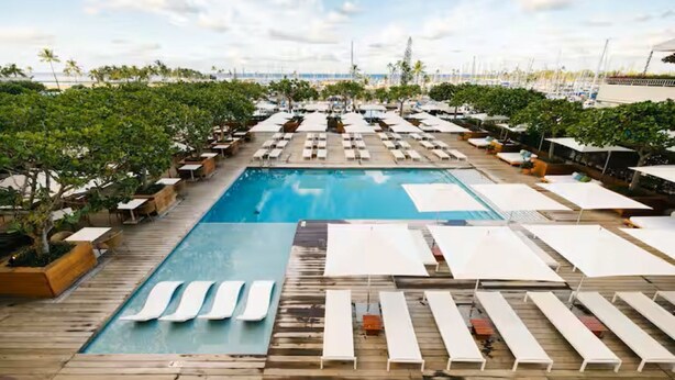 Un espace piscine agrémenté de chaises longues et de parasols, entouré d’arbres et offrant une vue sur la plage et le port de plaisance.