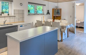 Fridge, stovetop, dishwasher, coffee/tea maker