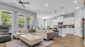 Smart TV, foosball, books, computer monitors