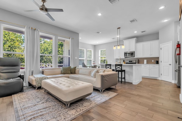 Smart TV, table football, books, computer monitors