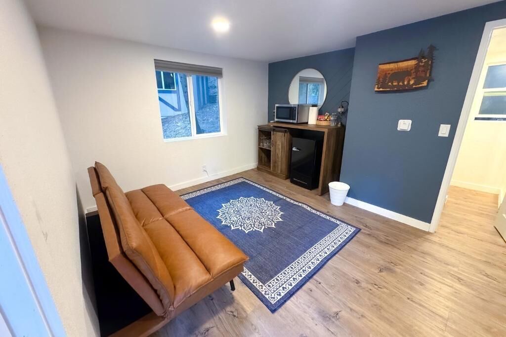 A room with a brown leather chair, a blue patterned rug, a small TV on a wooden stand, and a window with a view of the outside.