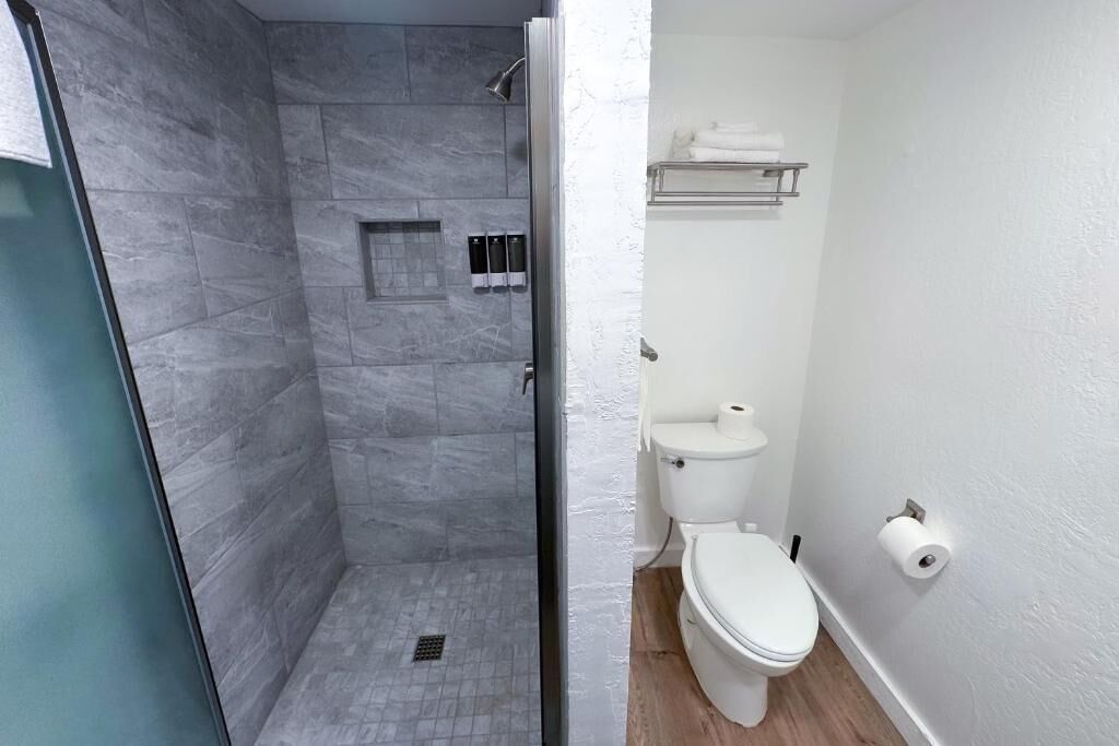 Un baño con ducha, inodoro y un perchero para toallas.