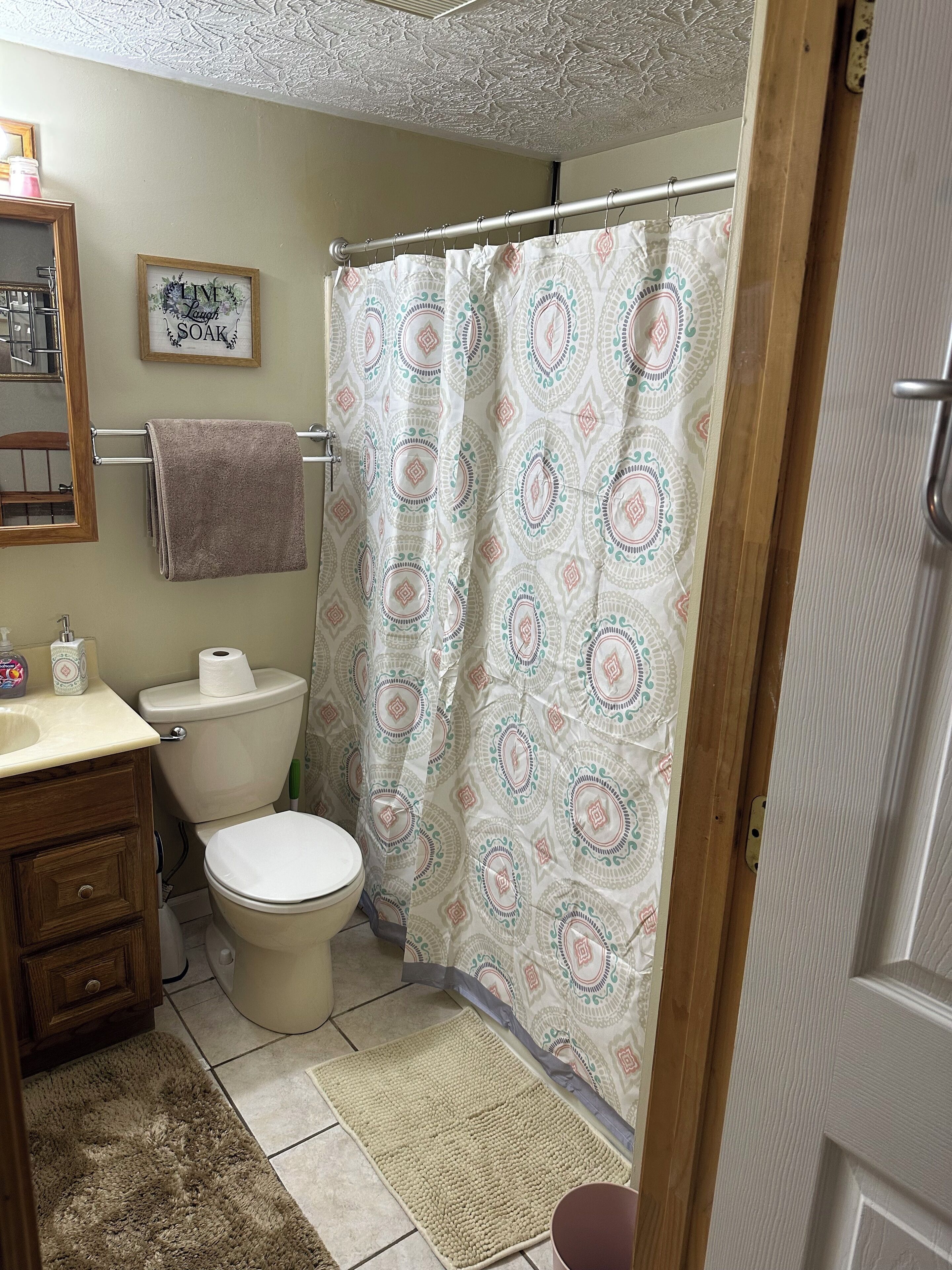 Hair dryer, towels, soap, toilet paper