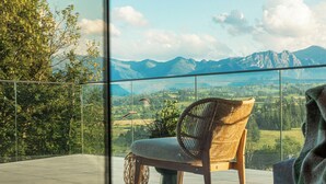 A balcony with a wicker chair, a potted plant, and a view of mountains and a valley. - Exclusive Villa for Family, Friends & Workation (Biały Dunajec)
