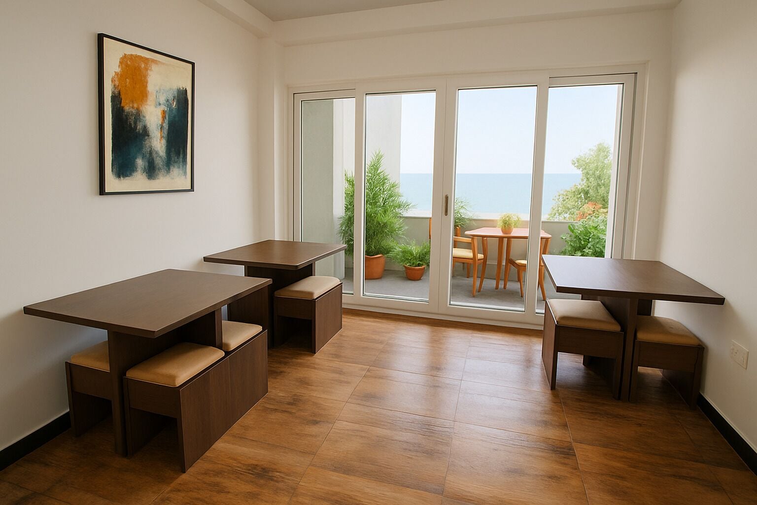 A modern dining area with a large sliding glass door leading to a balcony with potted plants and a view of the sea.