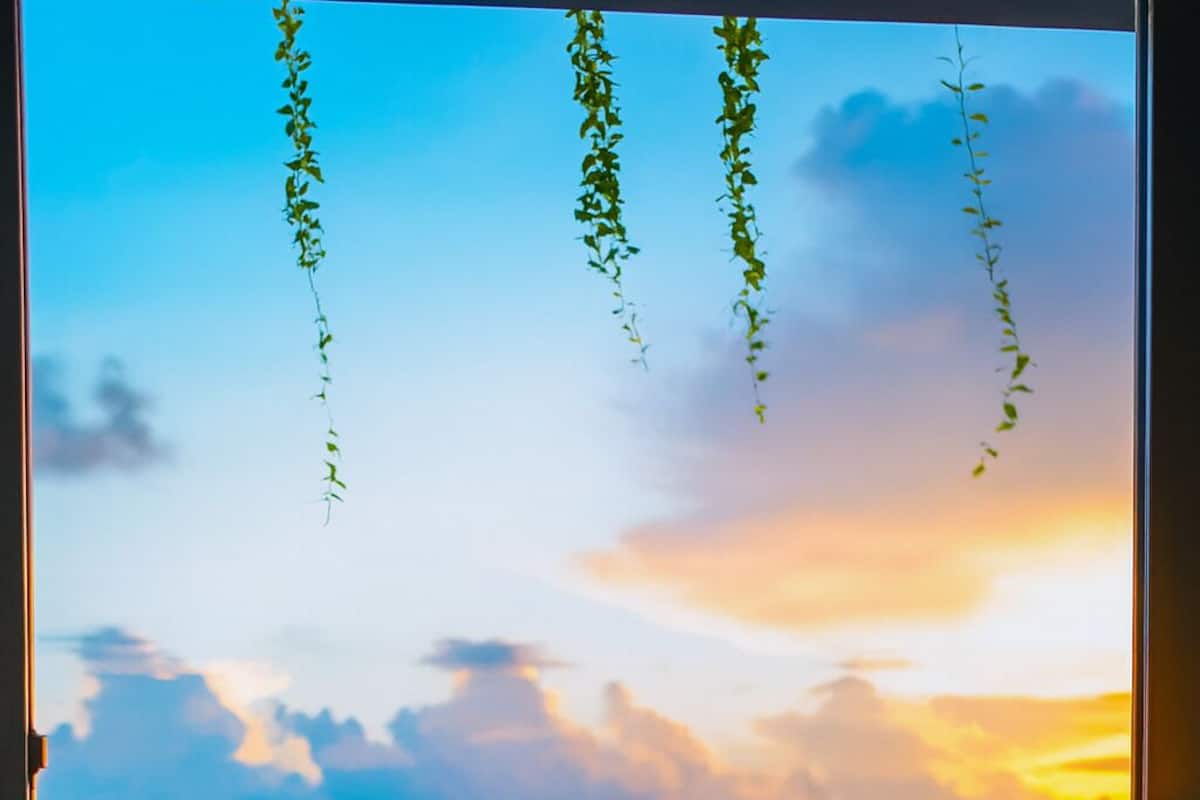 Une table et des chaises en bois sur un balcon donnant sur la mer, avec une vue sur le coucher du soleil.
