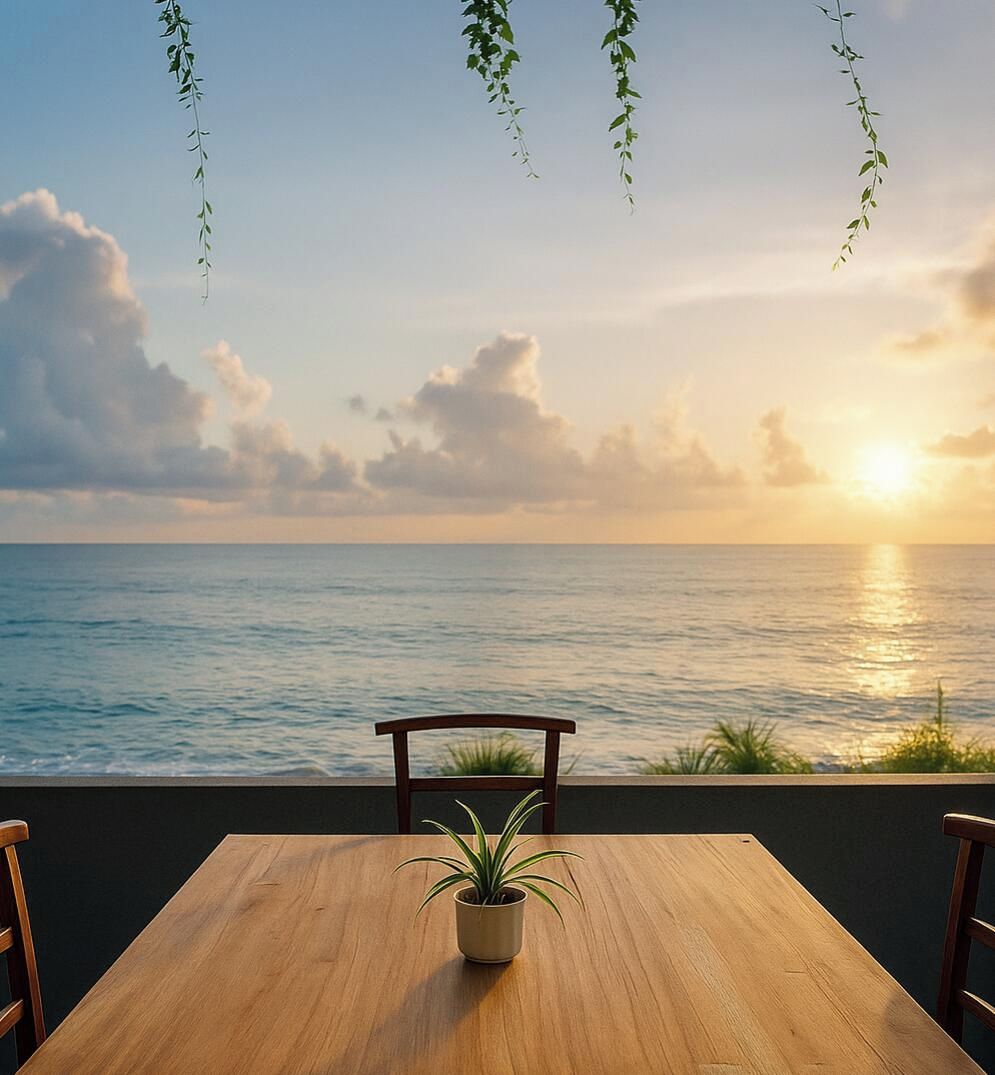 A wooden table with a potted plant in the center, overlooking a body of water with a sunset in the background.
