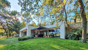 Una casa moderna con un porche cubierto, rodeada de abundante vegetación y árboles.