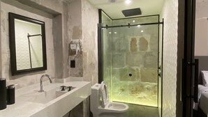 Une salle de bain avec une douche à parois de verre, un lavabo avec un miroir et des toilettes.