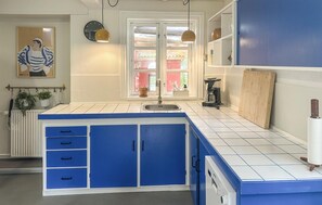 Fridge, stovetop, dishwasher, coffee/tea maker