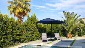 A swimming pool with clear water, surrounded by lush greenery and a palm tree. - New Luxury Palm Springs Home for Family & Friends (Palm Springs)