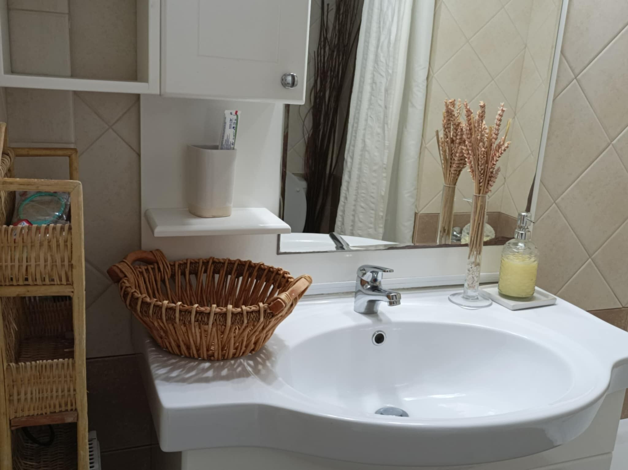 Hair dryer, towels, soap, toilet paper