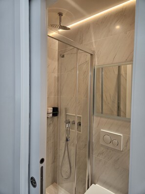 Shower, hair dryer, bidet, towels