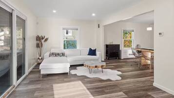 Smart TV, fireplace, books