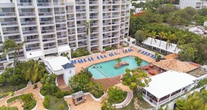 Aerial view of the resort grounds, pool and gardens