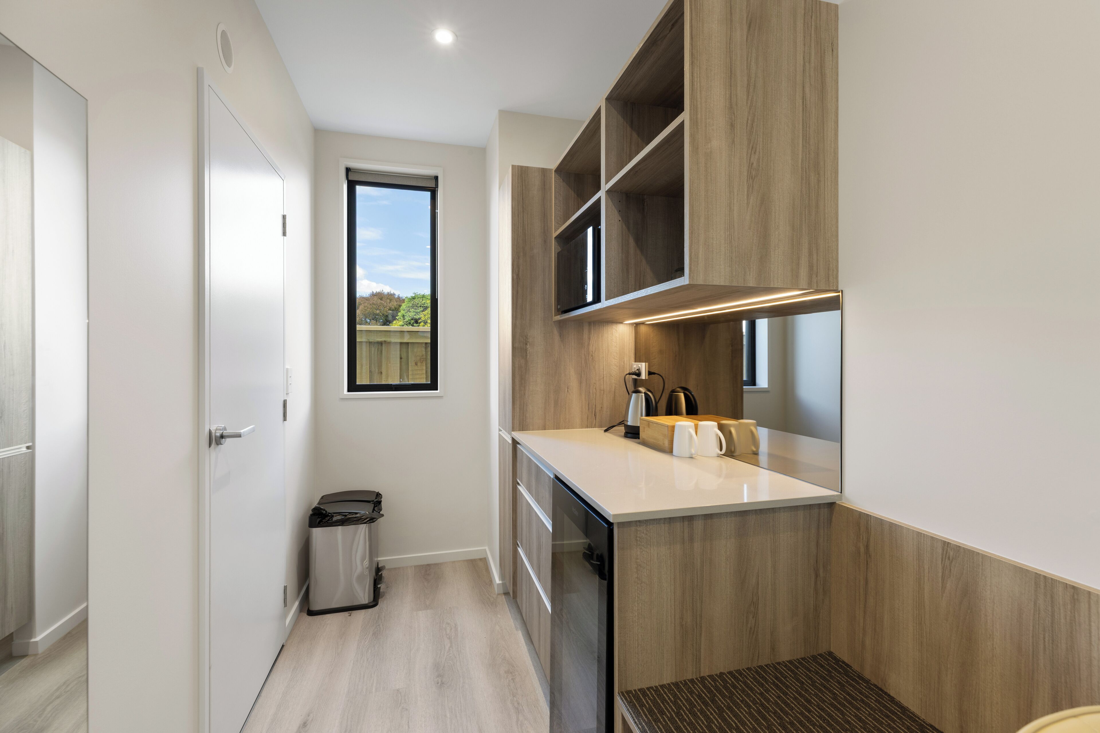 Mini-fridge, microwave