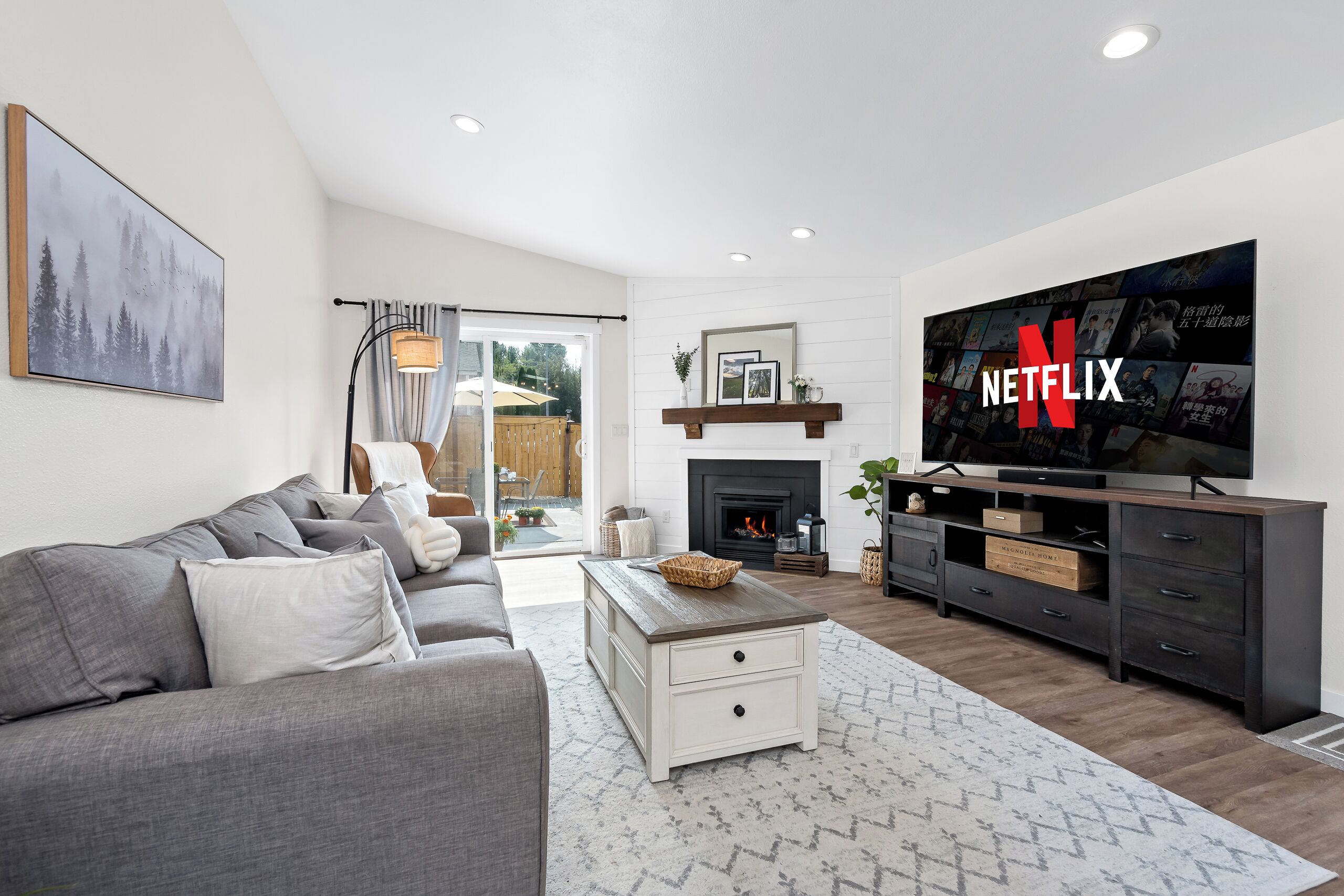 Smart TV, fireplace, books