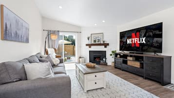 Smart TV, fireplace, books