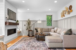 Smart TV, fireplace, video games, DVD player