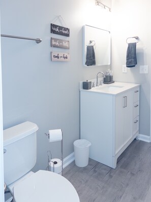 A modern bathroom with a toilet, sink, and mirror. There are signs on the wall that read "wash your hands," "brush your teeth," and "comb your hair." - Convenient Charming Townhouse (Raleigh)