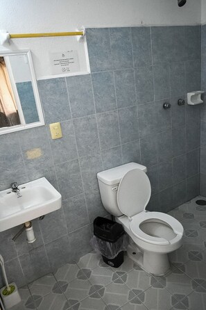 Regadera, toallas, jabón, shampoo 