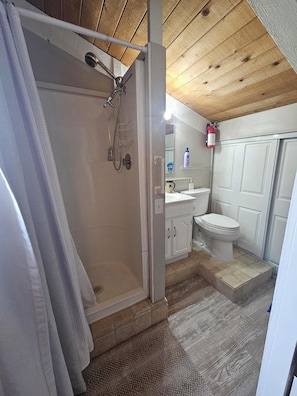 Shower, towels, soap, toilet paper
