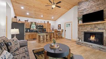 Smart TV, fireplace, books