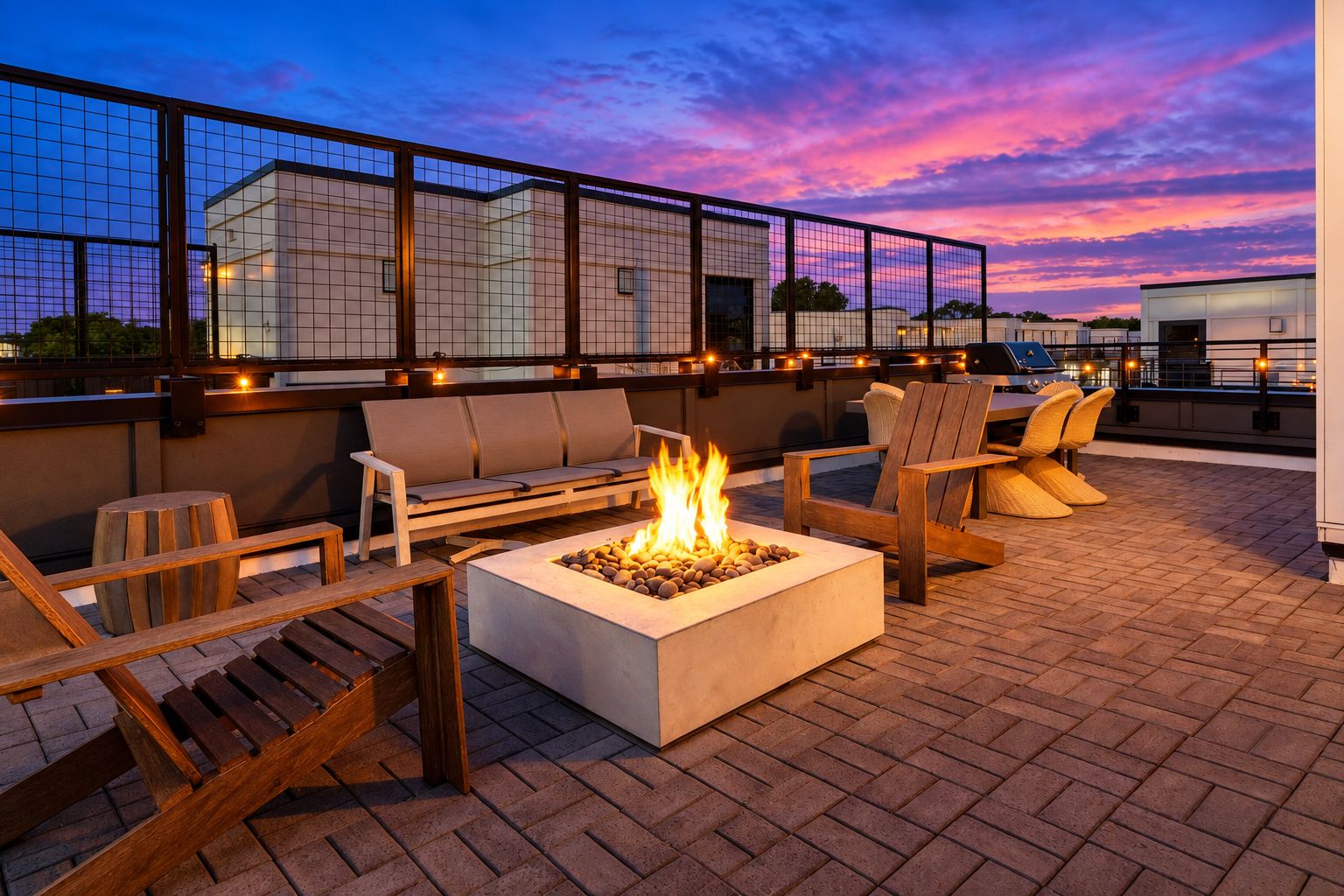 Una terraza en la azotea con un hogar para fuego, asientos y vistas del horizonte de la ciudad al anochecer.