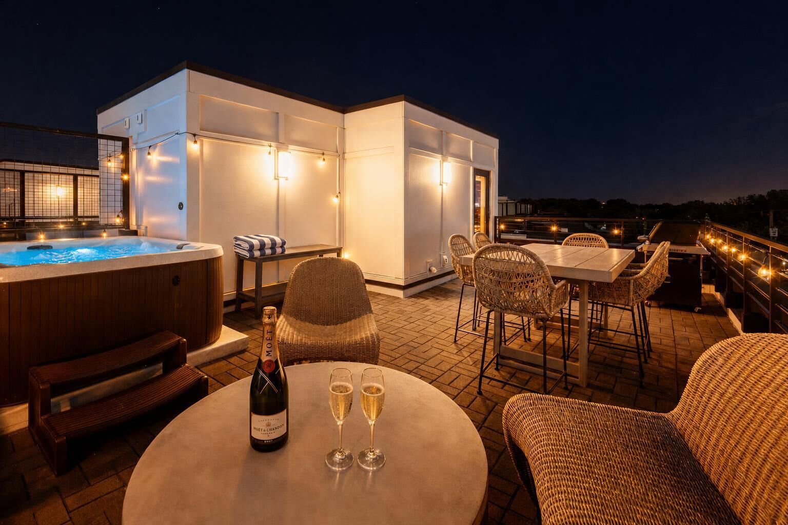 En tagterrasse med jacuzzi, fletmøbler, et bord med glas og en champagneflaske.