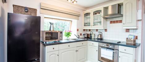 Fridge, microwave, oven, cookware/dishes/utensils