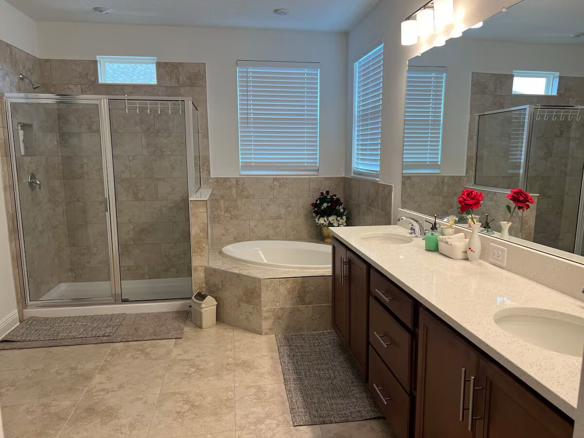 Shower, towels, soap, toilet paper