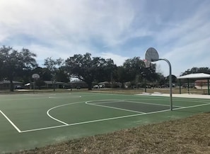 Una cancha de baloncesto al aire libre con superficie verde, un aro y una zona de asientos cubierta.