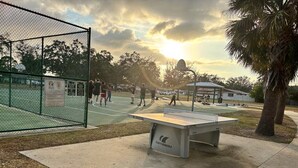 En tennisbana med ett bordtennisbord i förgrunden, omgiven av ett staket och palmer.