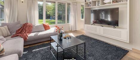 TV, fireplace, books, offices