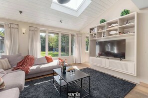 TV, fireplace, books, offices