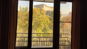 A view through a window with a balcony, featuring trees and a building with classical architecture.
