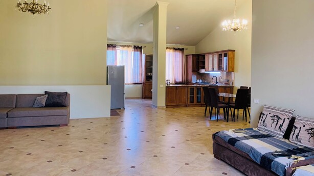A spacious living area with a sofa, a dining table with chairs, a kitchenette, and a chandelier.