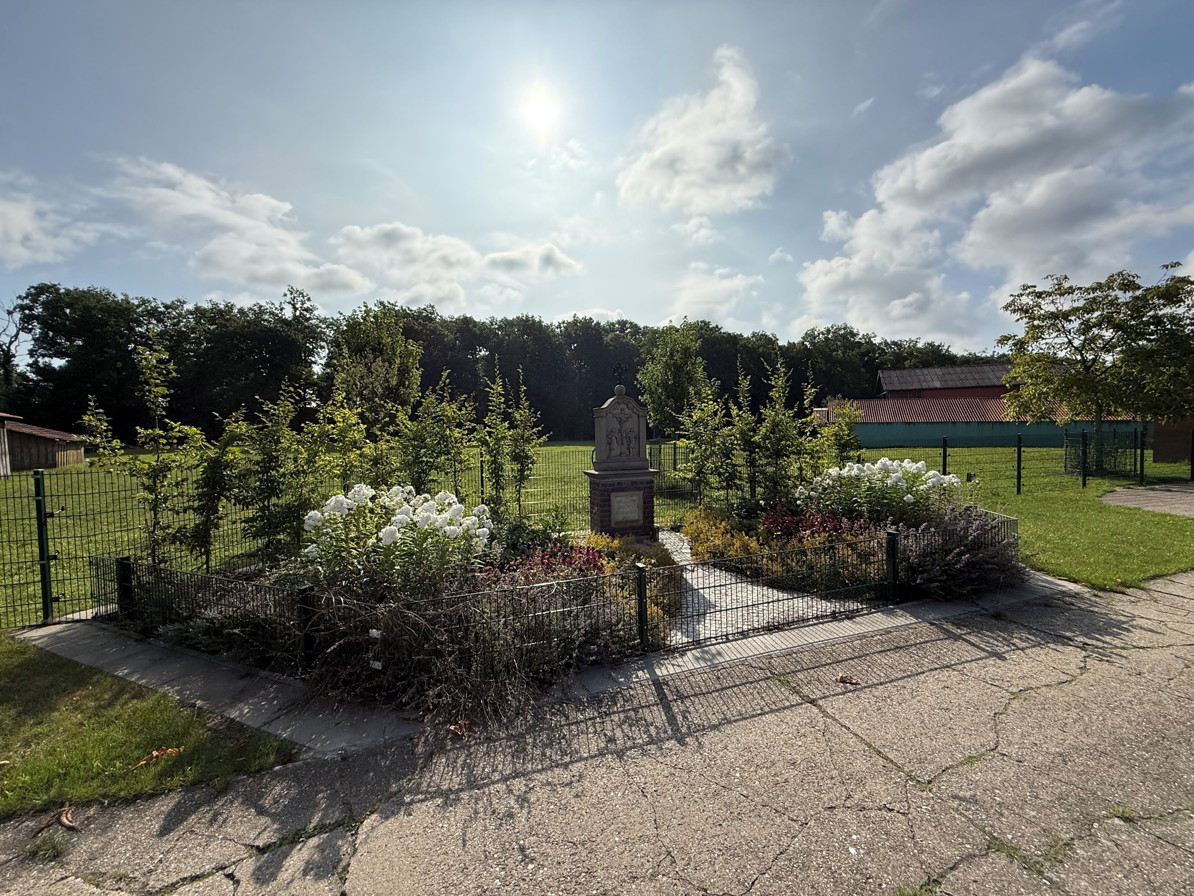 A cemetery with a central monument, surrounded by a fence and various plants.