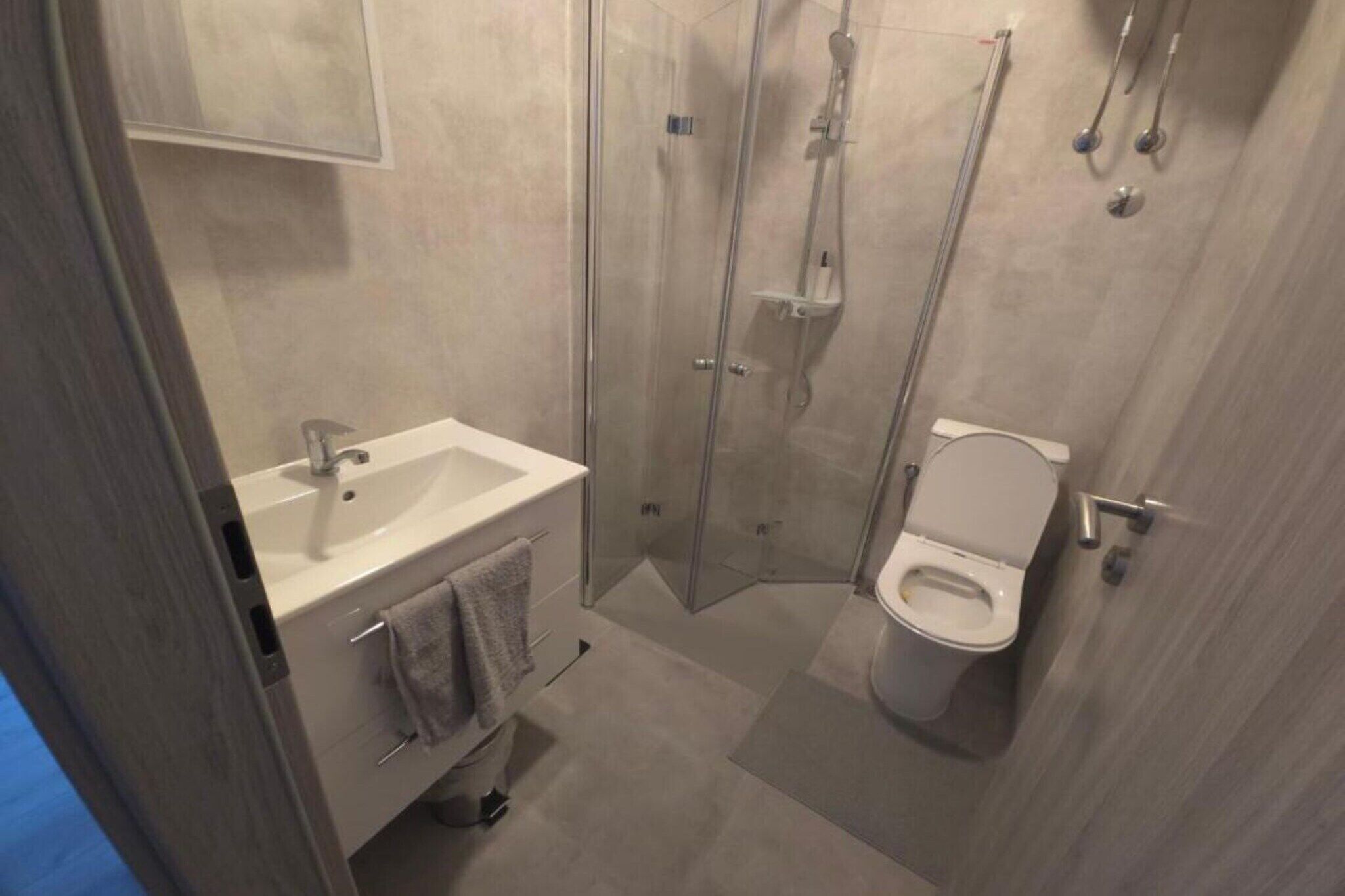 A modern bathroom with a glass-enclosed shower, a white sink, and a toilet.
