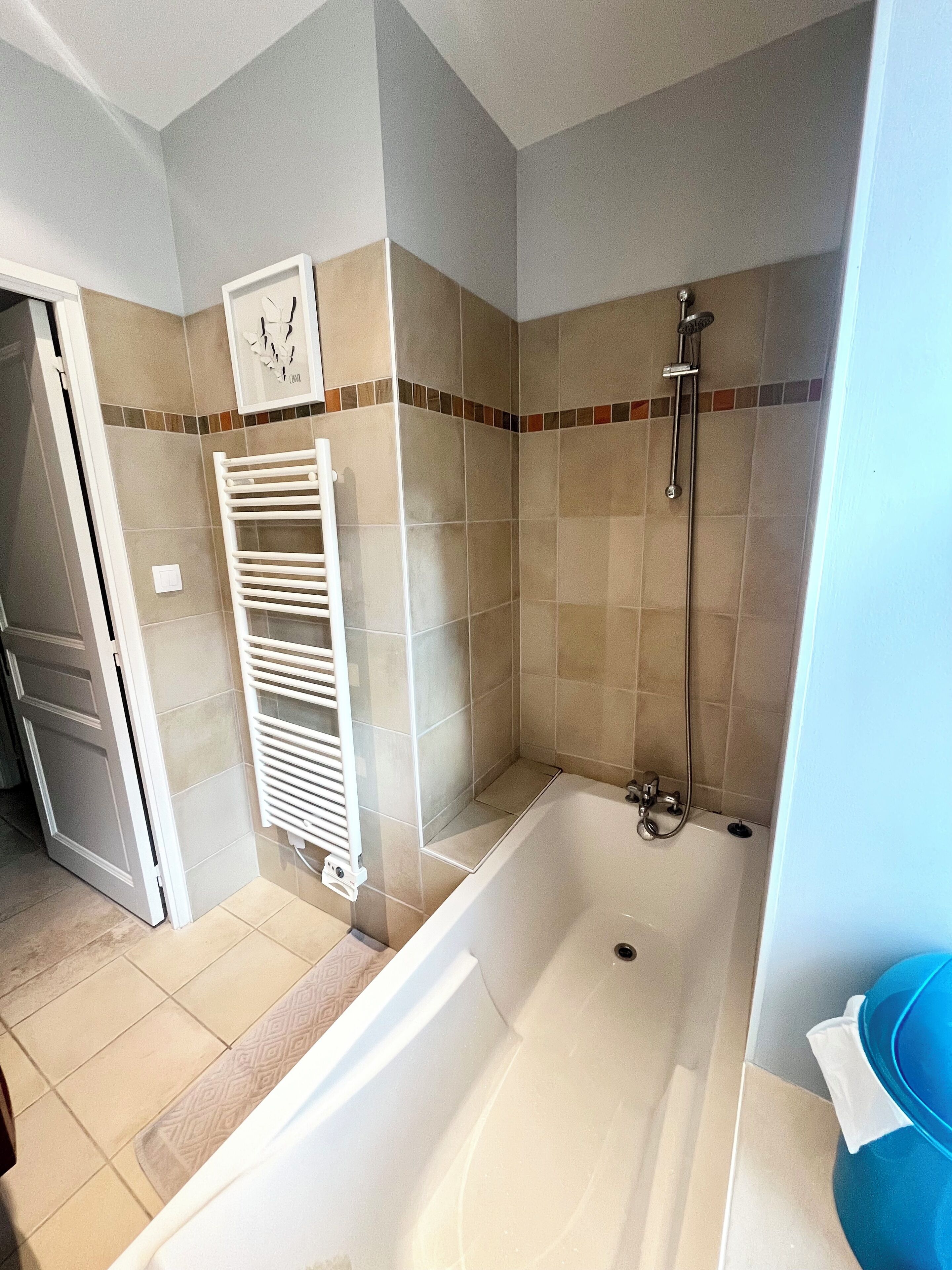 Ein Badezimmer mit Badewanne, Dusche und Handtuchhalter.