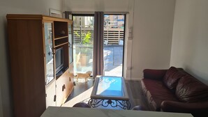Un salon avec un canapé en cuir marron, un meuble en bois sur lequel est posée une télévision, et une porte en verre donnant sur un espace extérieur où se trouve un chien.