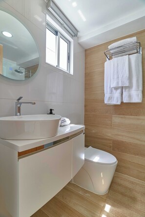 Haartrockner, Bidet, Handtücher, Seife